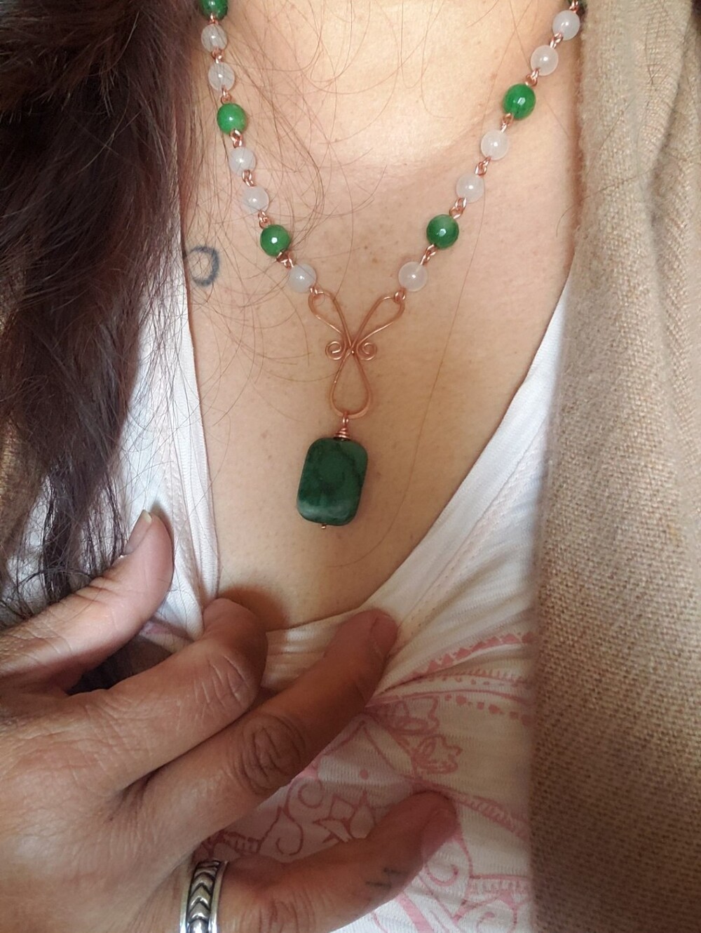 Handcrafted Green Stone & Rose Gold Bead Necklace Copper Wire Wrapped Necklace
